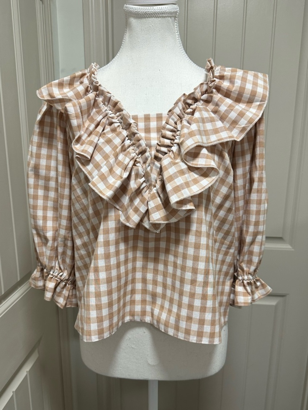 ASOS Beige and White Gingham Ruffle Blouse